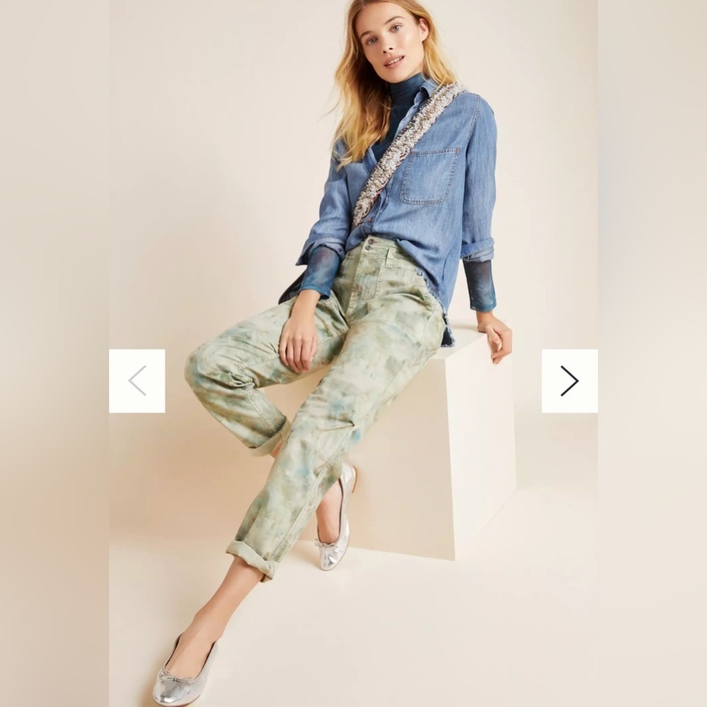 Anthropologie The Wanderer Pants Women's 25 Green Linen Blend Cargo Stretch Y2K